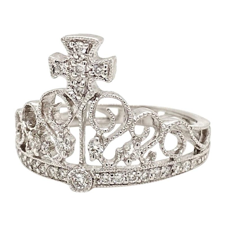 Solid 18 Karat White Gold Genuine Diamond Crown Ring 0.25 Carat 3.4g