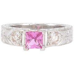 Solid 18 Karat White Gold Genuine Pink Sapphire and Natural Diamond Ring 8.9g