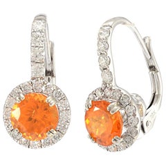 Solid 18 Karat White Gold Genuine Spessartine and Natural Diamond Earrings 5.1g