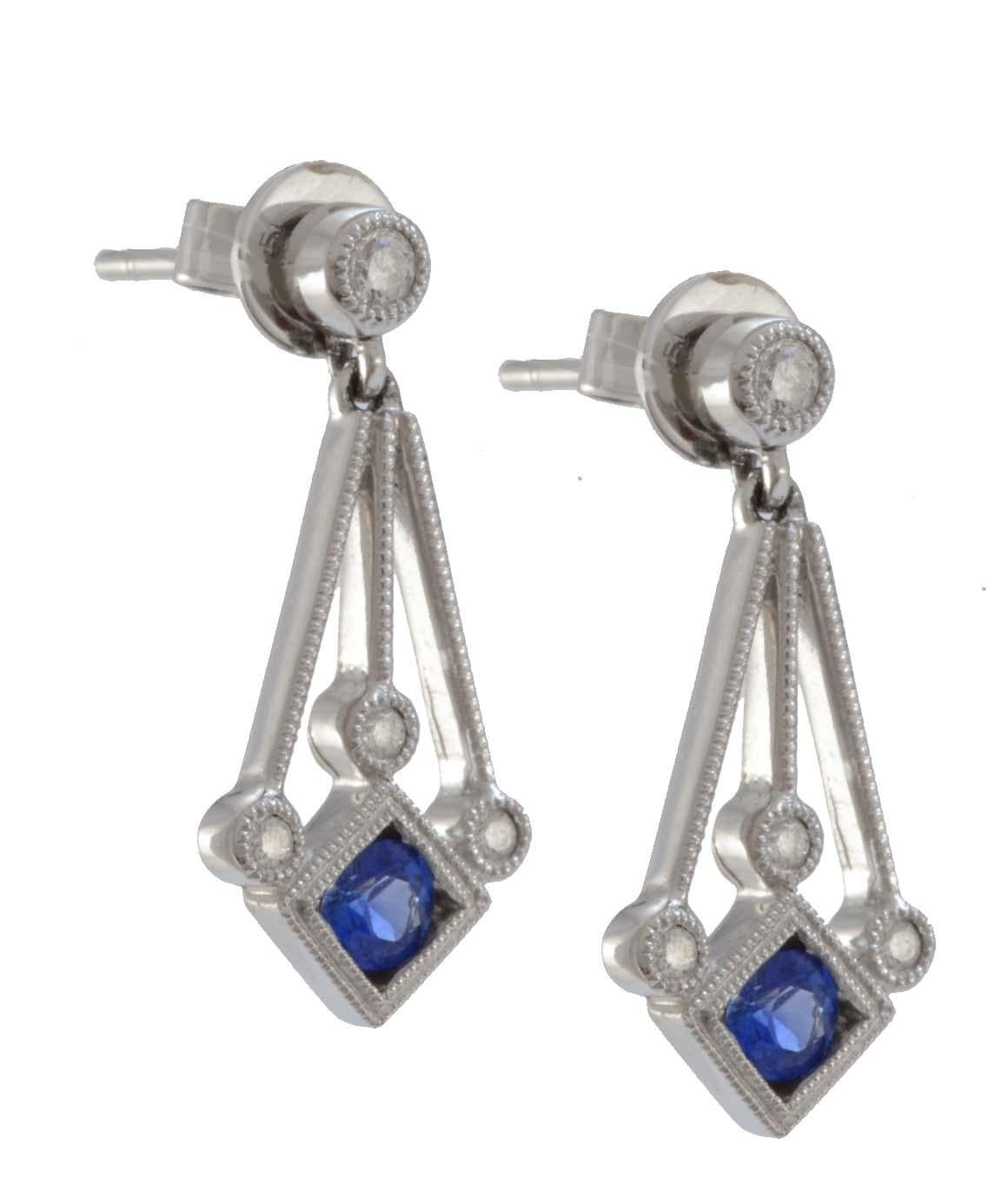 Women's or Men's Solid 18 Karat White Gold Sapphire and Diamond Dangle Earrings 3.3g