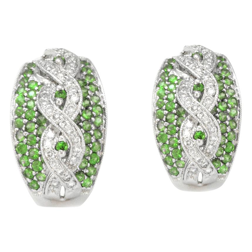 Solid 18 Karat White Gold Tsavorite Garnet and Genuine Diamond Earrings