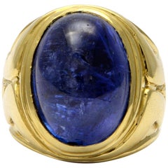 Solid 18 Karat Yellow Gold and Cabochon Genuine Tanzanite Men's Ring 32.2g