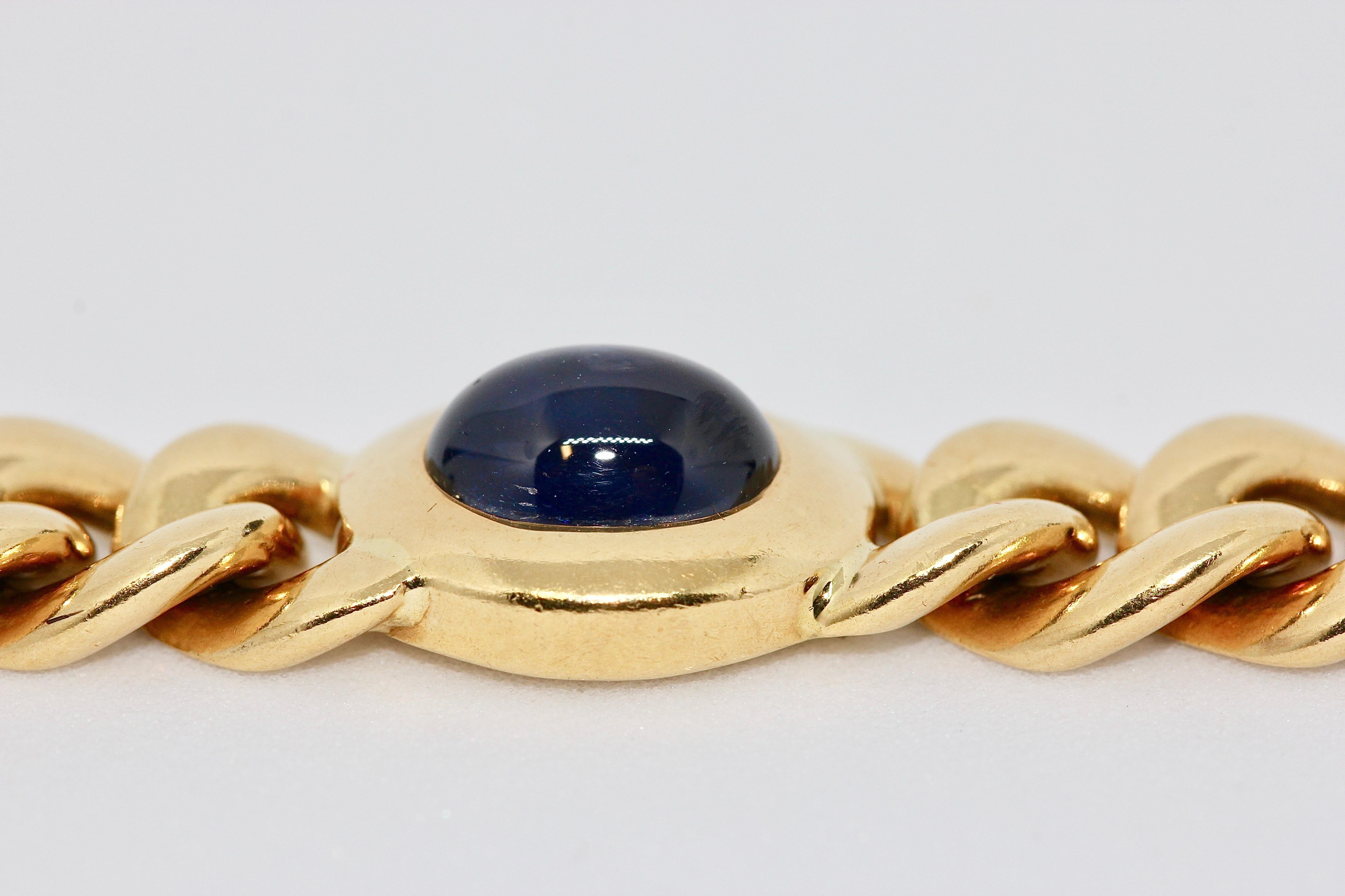 Women's or Men's Solid 18 Karat Yellow Gold Bracelet with Four Sapphire Cabochons