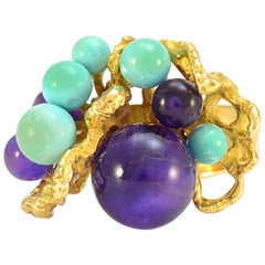Solid 18 Karat Yellow Gold Cabochon Amethyst and Turquoise Cluster Ring 11.4g