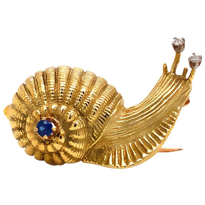Solid 18 Karat Yellow Gold Diamond and Sapphire Snail Pin/ Brooch 13.7g