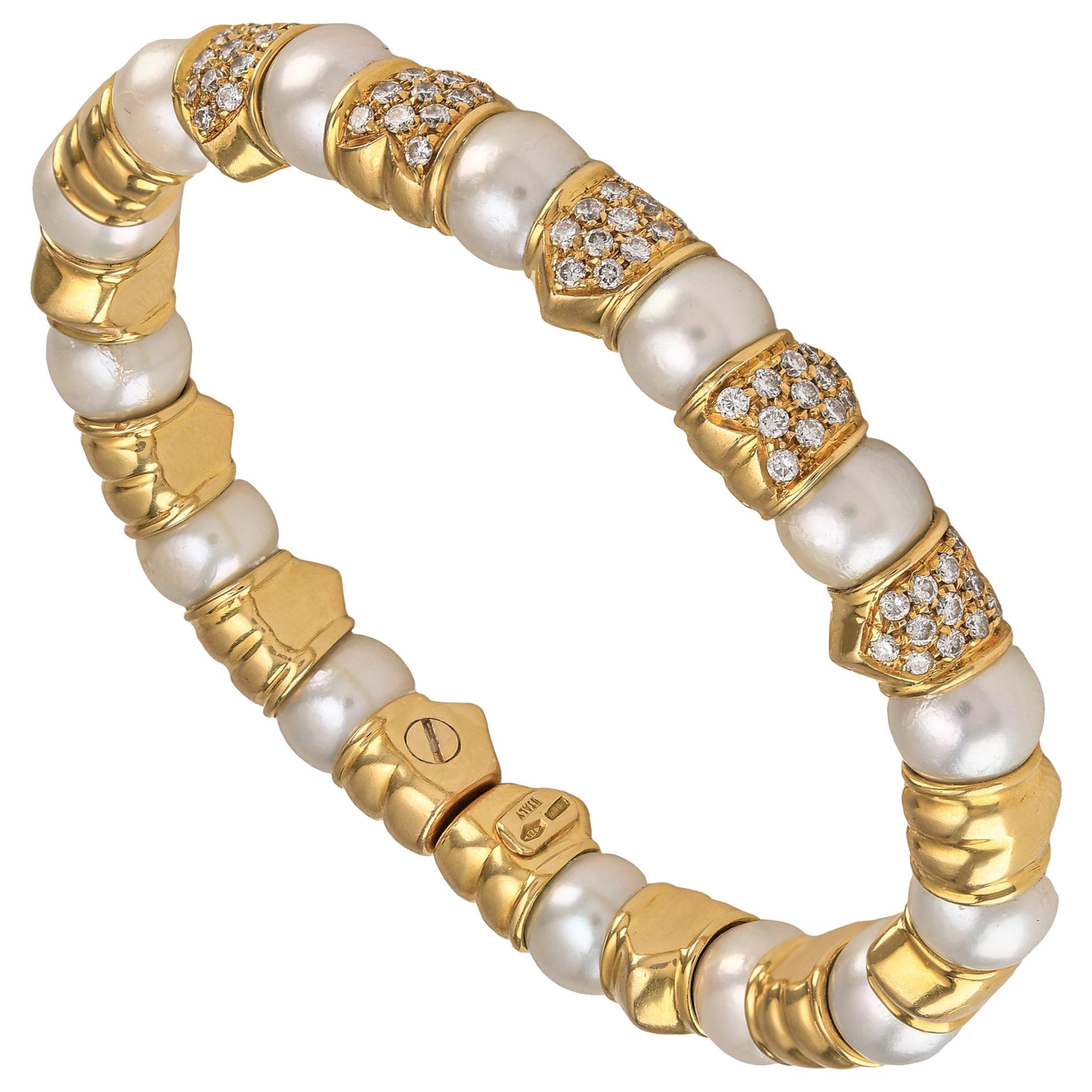 Solid 18 Karat Yellow Gold Diamond Pearl Cuff Bracelet