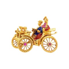 Solid 18 Karat Yellow Gold Enamel and Natural Ruby Antique Car Brooch 8.1g