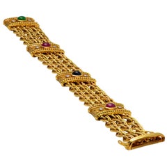 Solid 18 Karat Yellow Gold Etruscan Style Multi Stone Bracelet 44.8 Grams