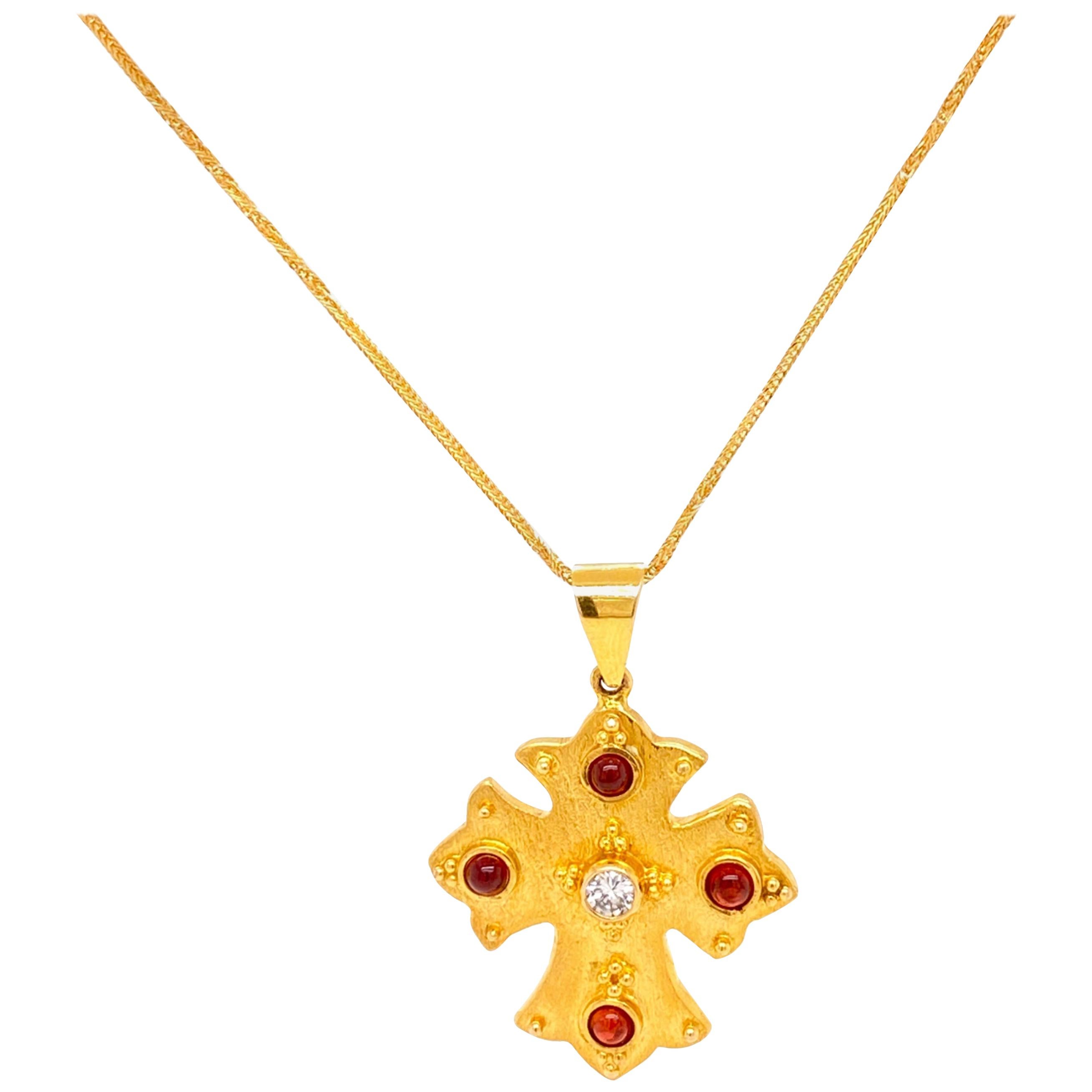 Solid 18 Karat Yellow Gold Genuine Diamond and Garnet Cross Necklace 13.2g