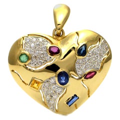 Solid 18 Karat Yellow Gold Genuine Diamond and Multi Stone Heart Pendant 7.2g