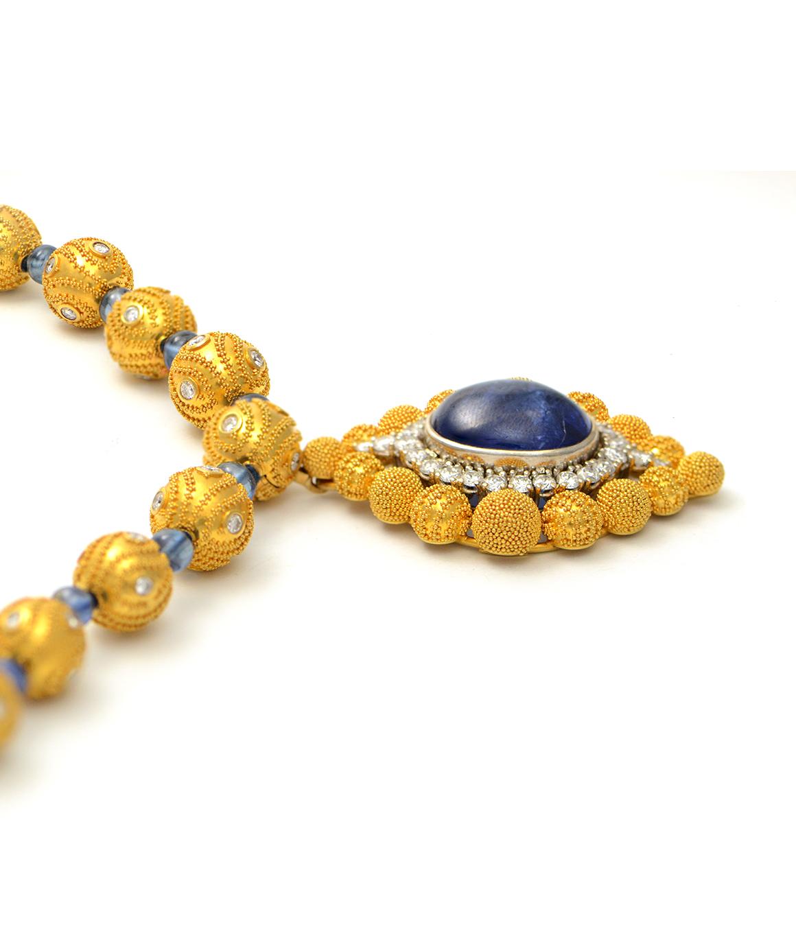 Solid 18 Karat Gold, Genuine Diamond and Sapphire Beaded Pendant Necklace! 1