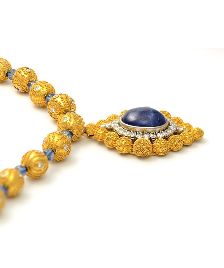 Solid 18 Karat Gold, Genuine Diamond and Sapphire Beaded Pendant