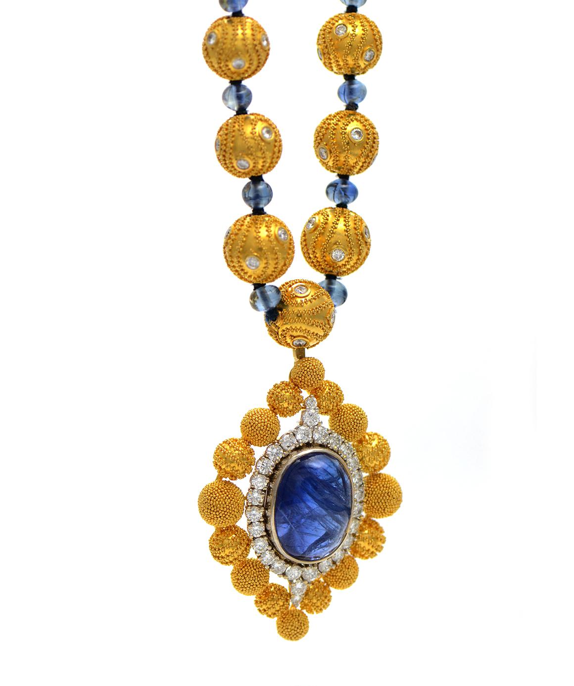 Solid 18 Karat Gold, Genuine Diamond and Sapphire Beaded Pendant Necklace! 3
