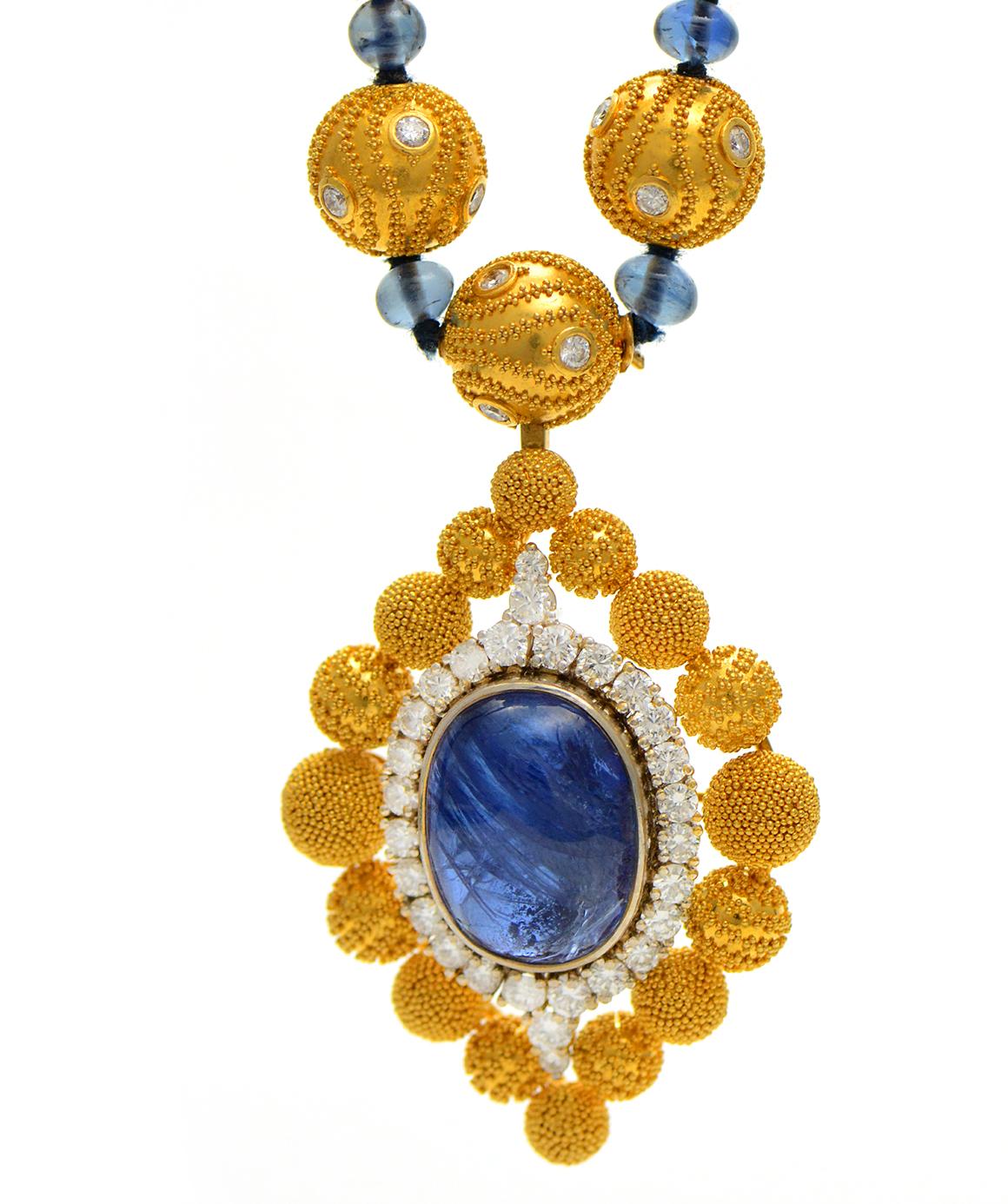 Solid 18 Karat Gold, Genuine Diamond and Sapphire Beaded Pendant Necklace! 4