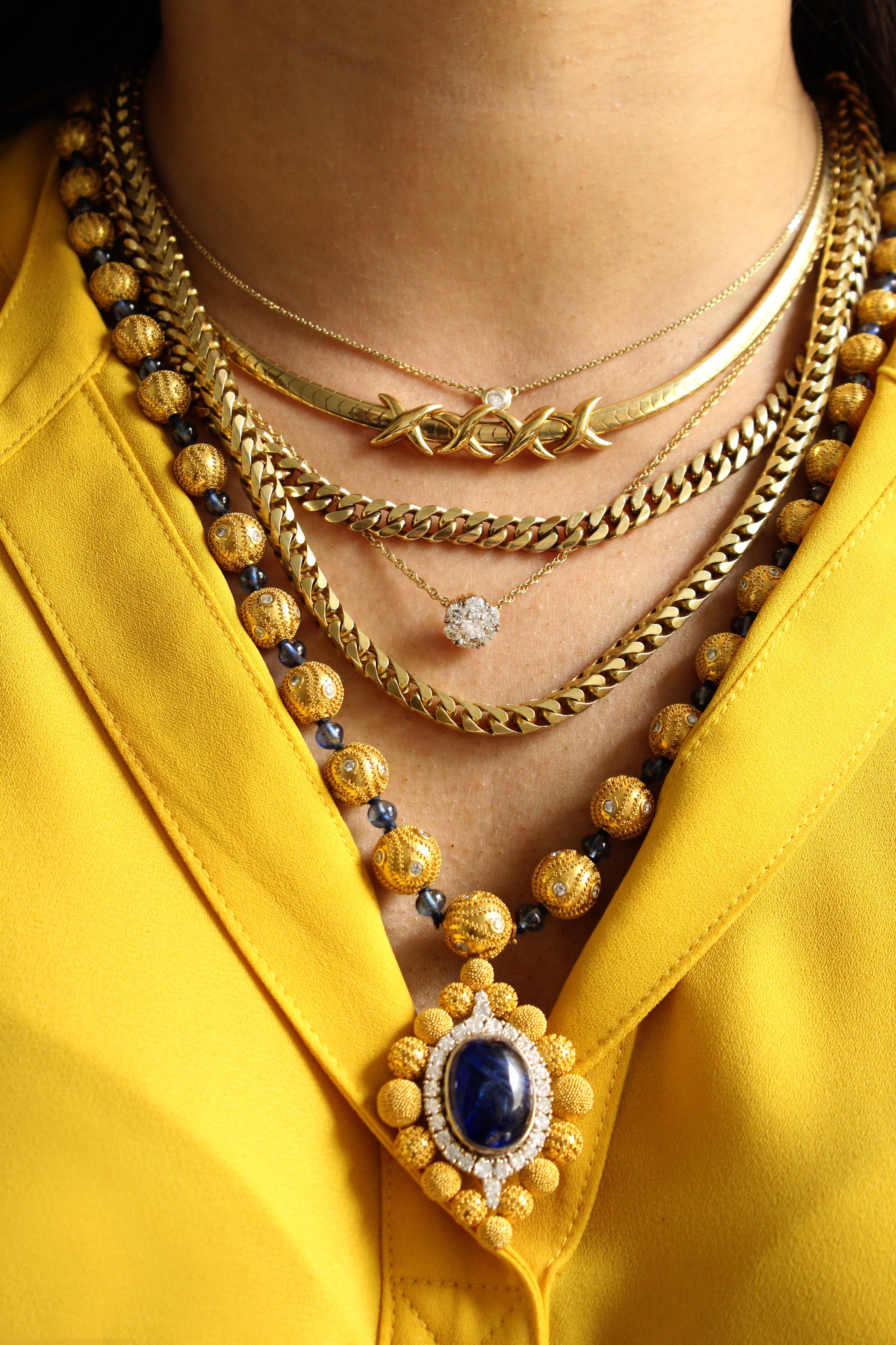 Solid 18 Karat Gold, Genuine Diamond and Sapphire Beaded Pendant Necklace! 5