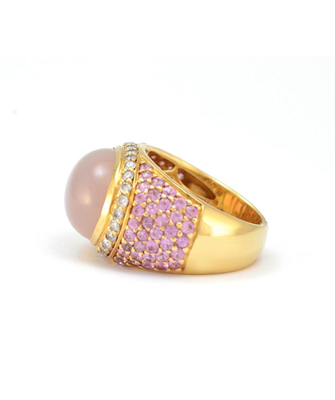 Solid 18 Karat Yellow Gold Genuine Rose Quartz, Diamond and Pink Sapphire Ring In Excellent Condition In Manchester, NH