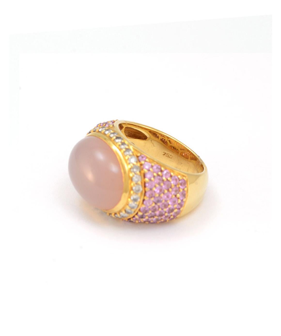 Women's Solid 18 Karat Yellow Gold Genuine Rose Quartz, Diamond and Pink Sapphire Ring