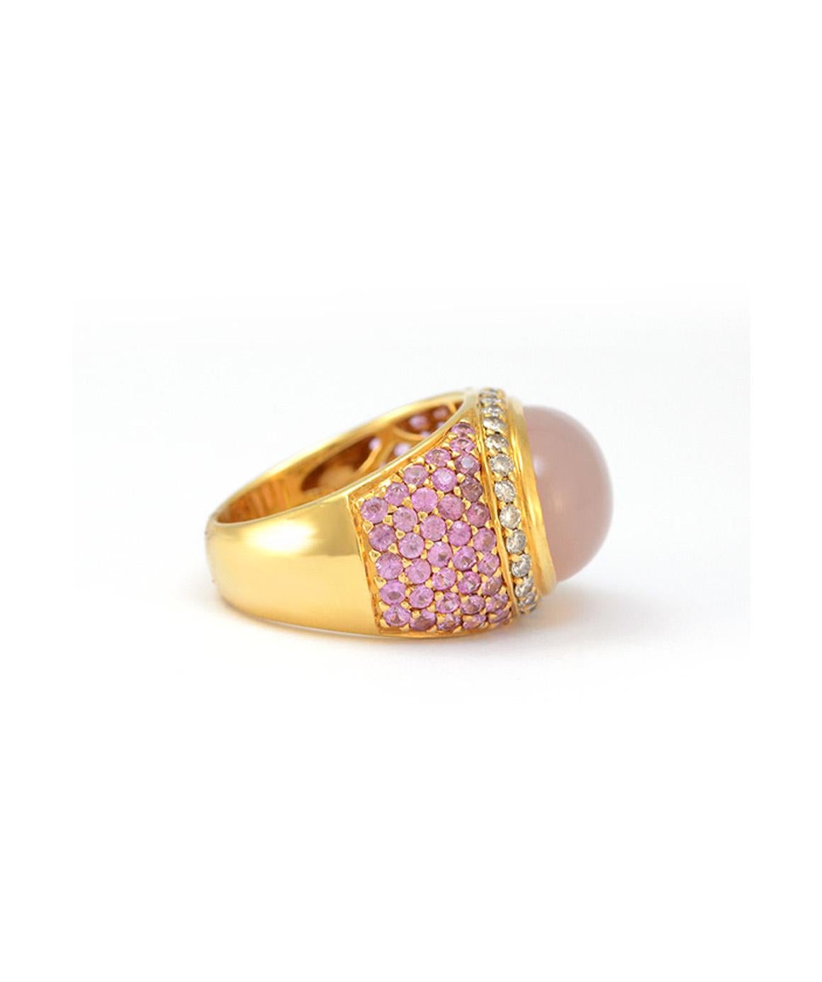 Solid 18 Karat Yellow Gold Genuine Rose Quartz, Diamond and Pink Sapphire Ring 1