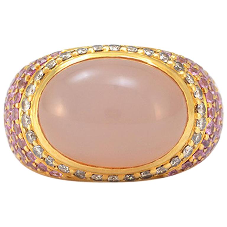 Solid 18 Karat Yellow Gold Genuine Rose Quartz, Diamond and Pink Sapphire Ring