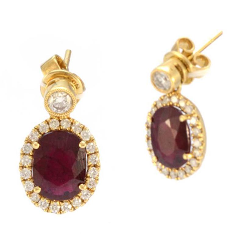 Solid 18 Karat Yellow Gold Genuine Ruby and Natural Diamond Earrings 5.4g