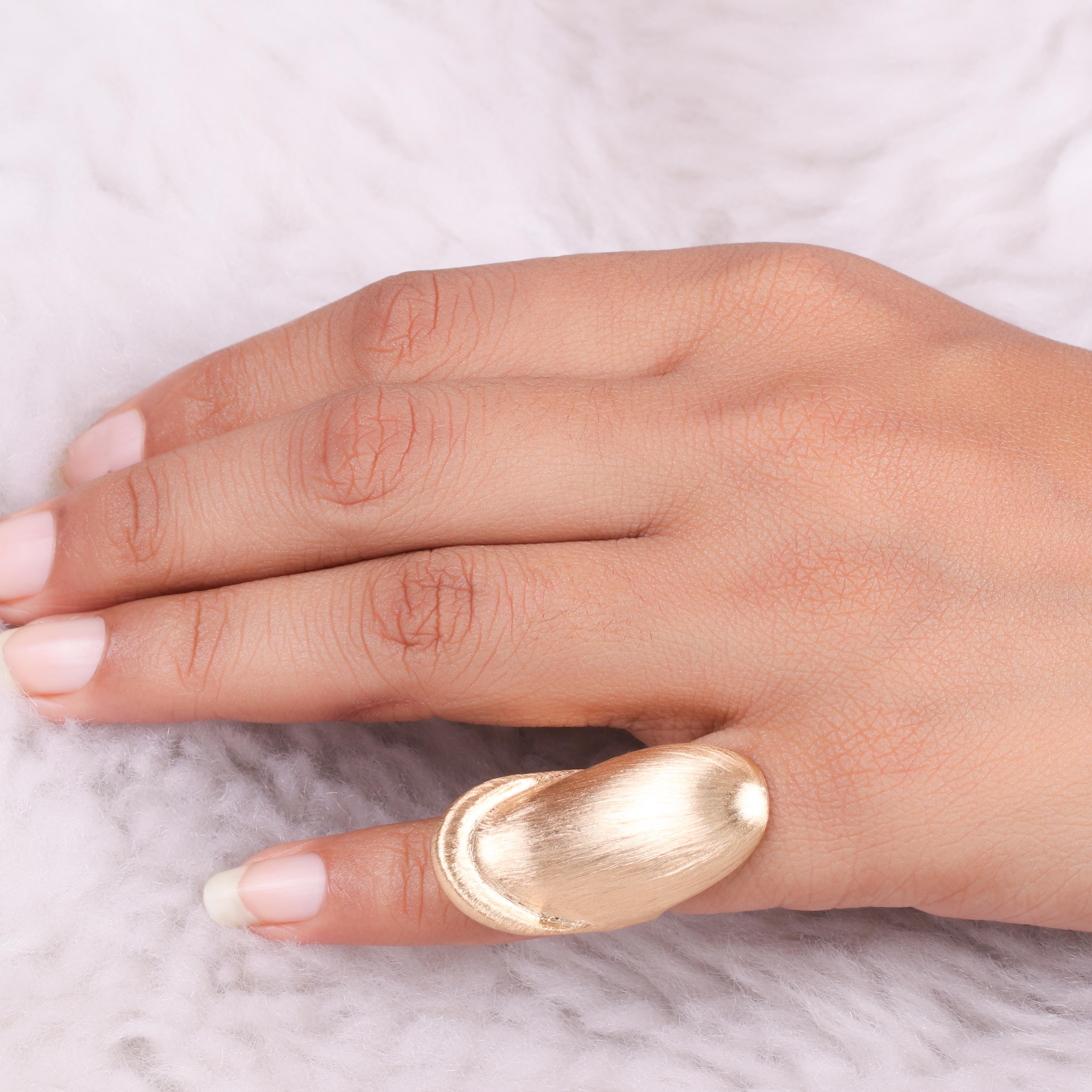 Women's Solid 18 Karat Yellow Gold Mette Finish Long Midi Cigar Ring Handmade Jewelry For Sale