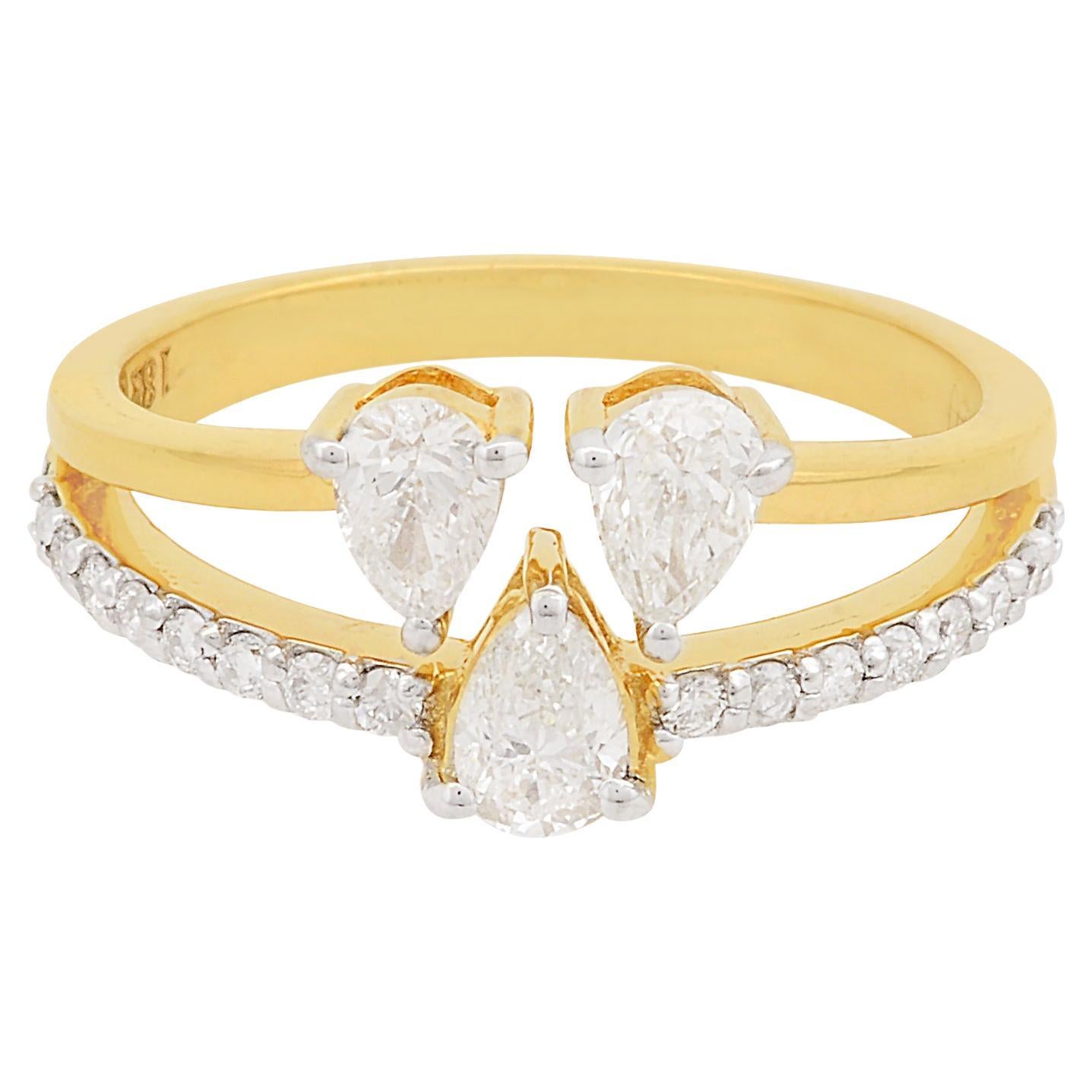 Solid 18 Karat Yellow Gold Pear Round Diamond Ring Anniversary Handmade Jewelry