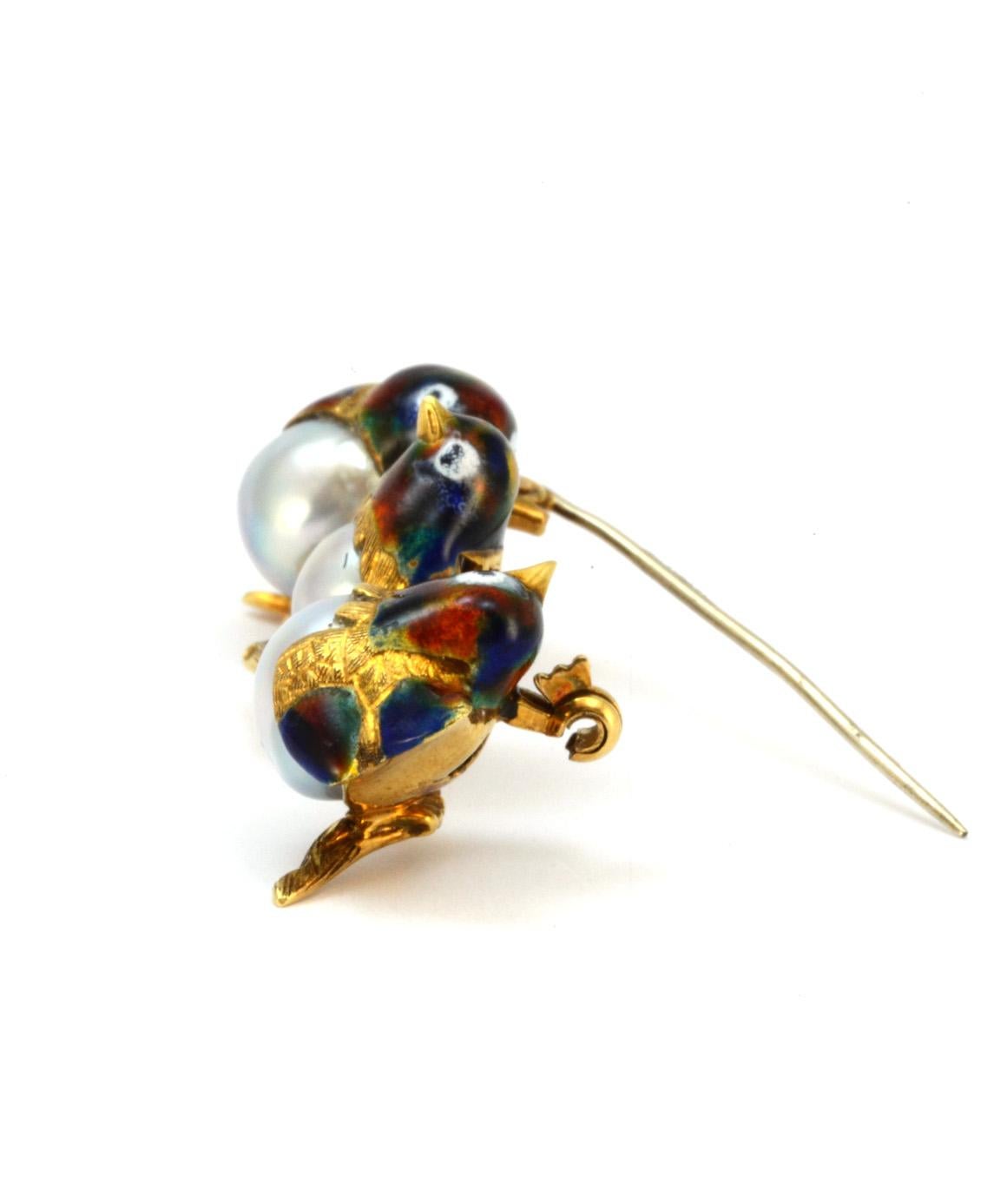 Women's or Men's Solid 18 Karat Yellow Gold Three Bird Brooch Genuine Pearl and Enamel