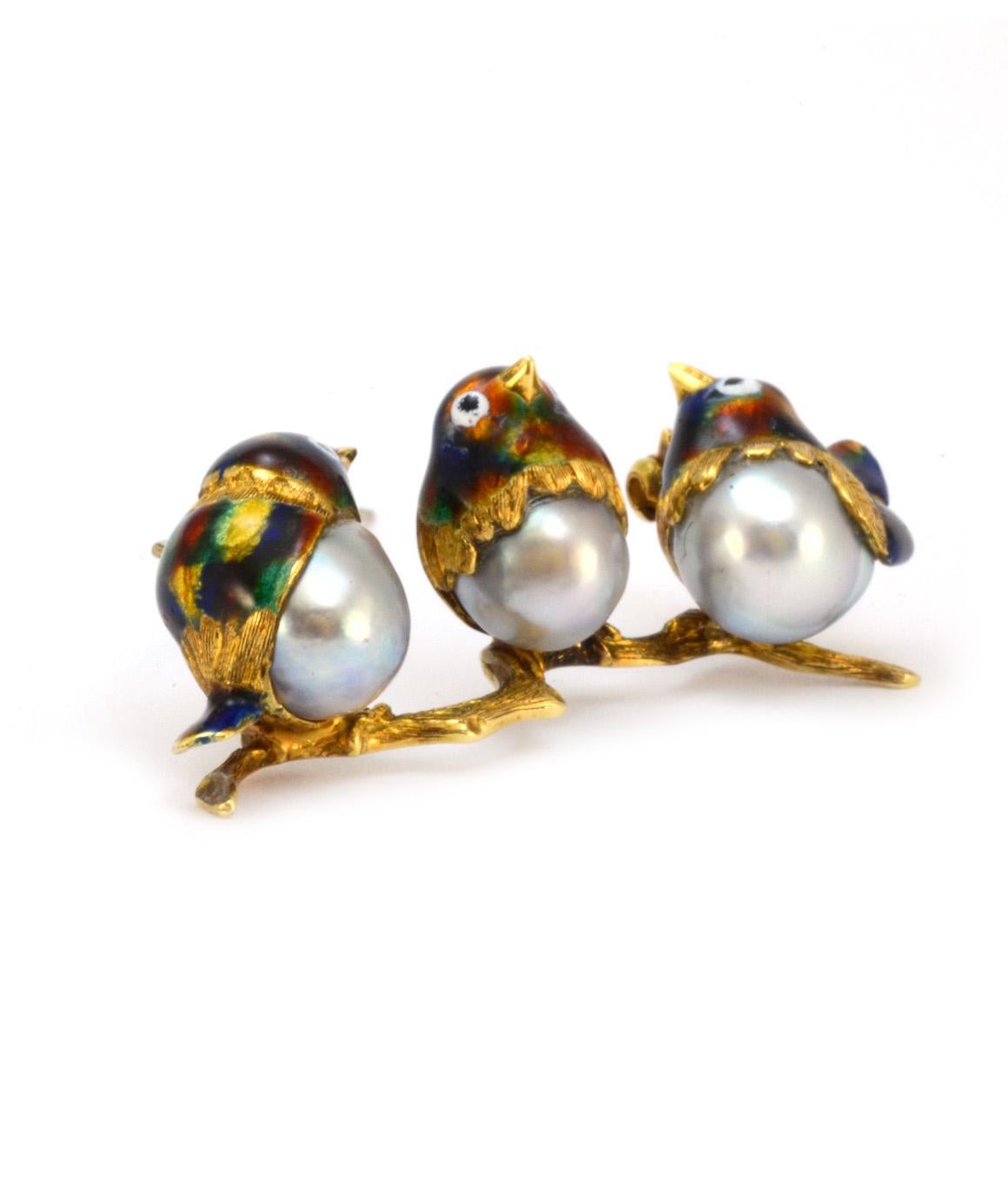 Solid 18 Karat Yellow Gold Three Bird Brooch Genuine Pearl and Enamel 1