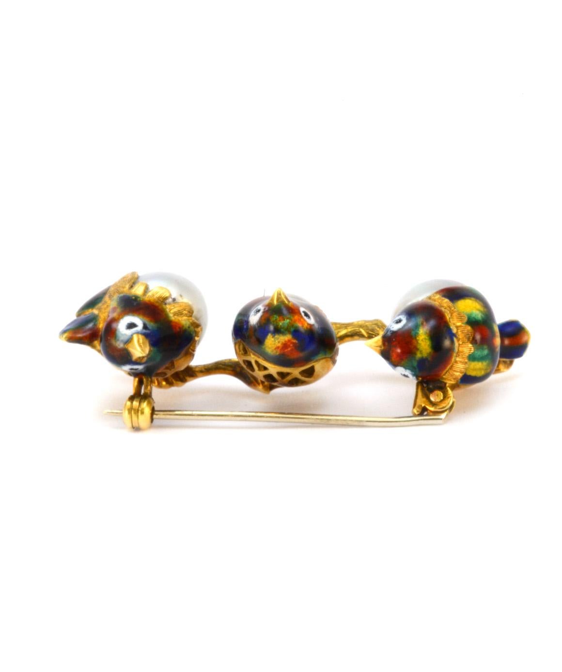 Solid 18 Karat Yellow Gold Three Bird Brooch Genuine Pearl and Enamel 2