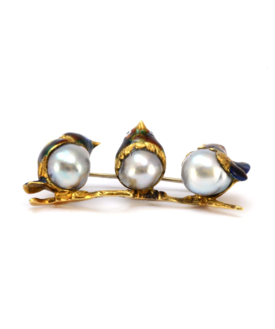 Solid 18 Karat Yellow Gold Three Bird Brooch Genuine Pearl and Enamel 3