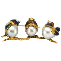 Solid 18 Karat Yellow Gold Three Bird Brooch Genuine Pearl and Enamel