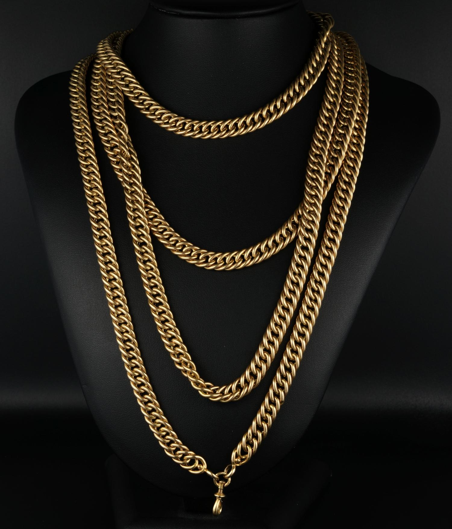 Victorian Gold Glam

This very rare to come across, superb in length, as hardly seen, is all made of solid 18 KT gold
Silky, smooth to the touch, articulated curb links, amazing gold weight of 68.9 grams – 166 cm long!
Charming when worn on, turned