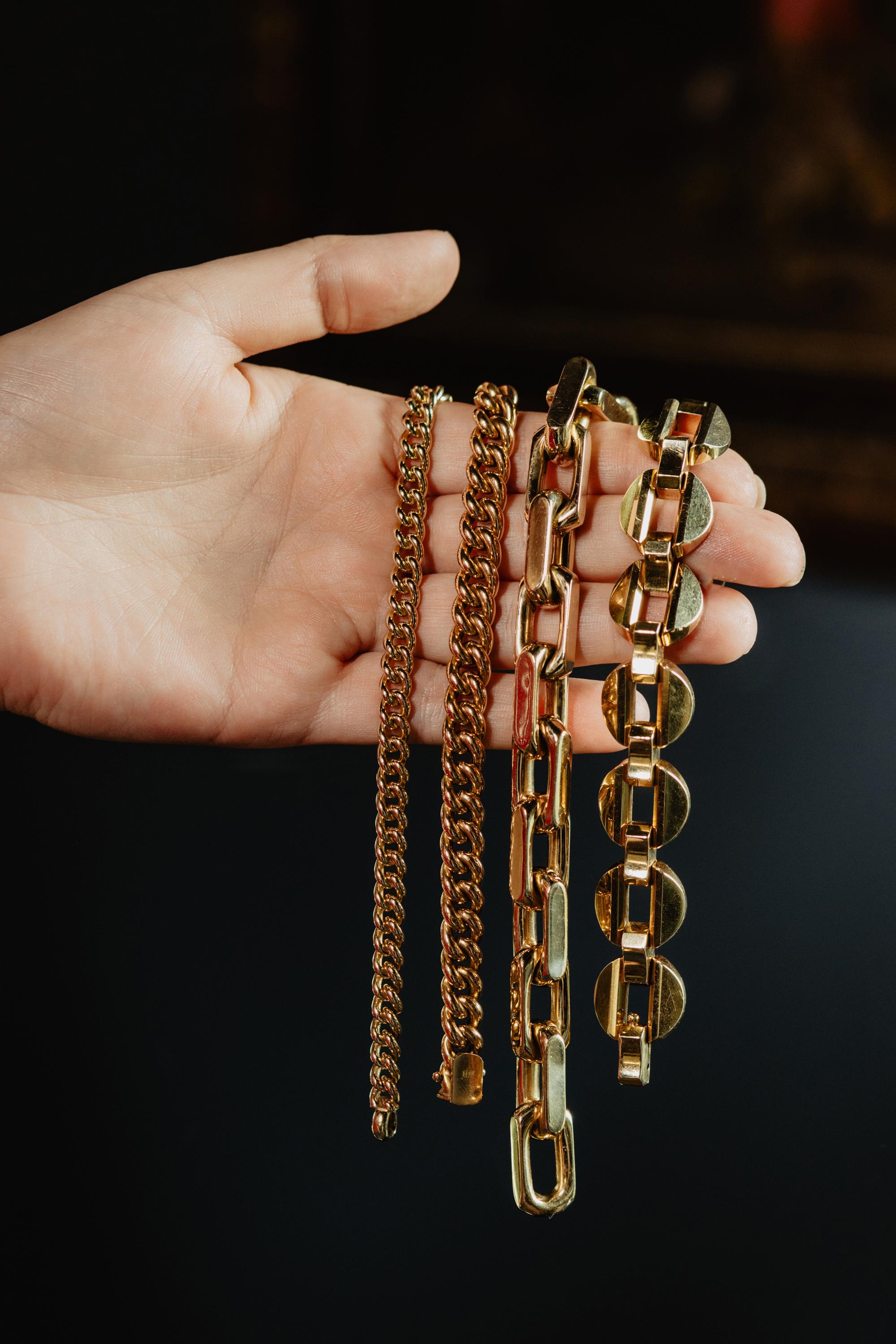 Armband aus massivem 18 Karat 750 Gelbgold Unisex mit geschwungener Kette, stapelbar 7