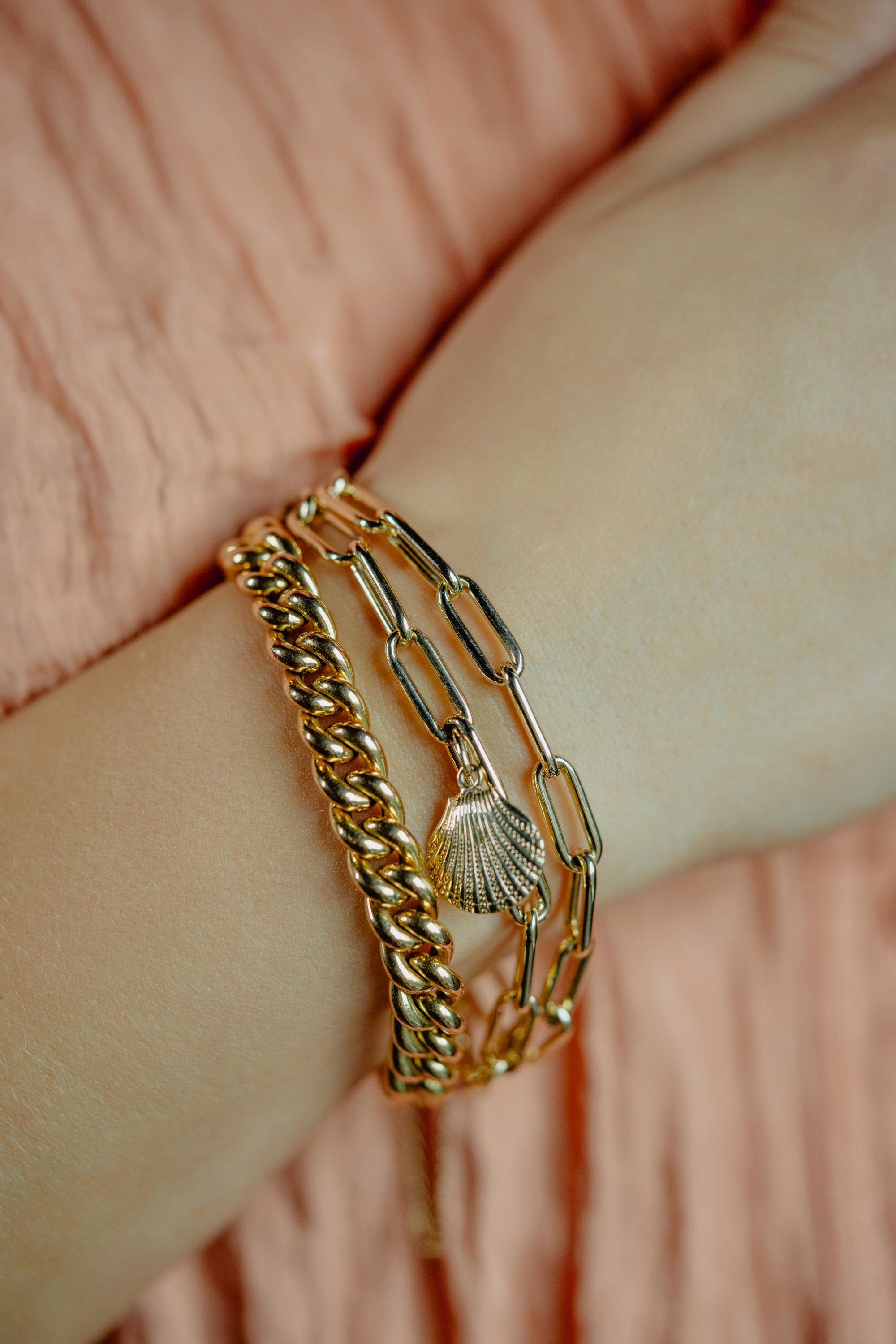 Armband aus massivem 18 Karat 750 Gelbgold Unisex mit geschwungener Kette, stapelbar 3