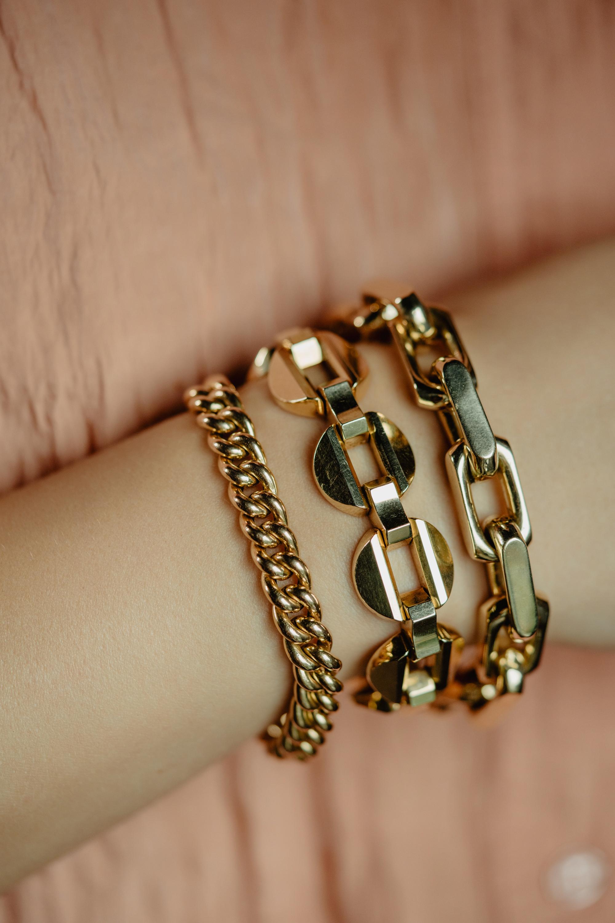Armband aus massivem 18 Karat 750 Gelbgold Unisex mit geschwungener Kette, stapelbar 5