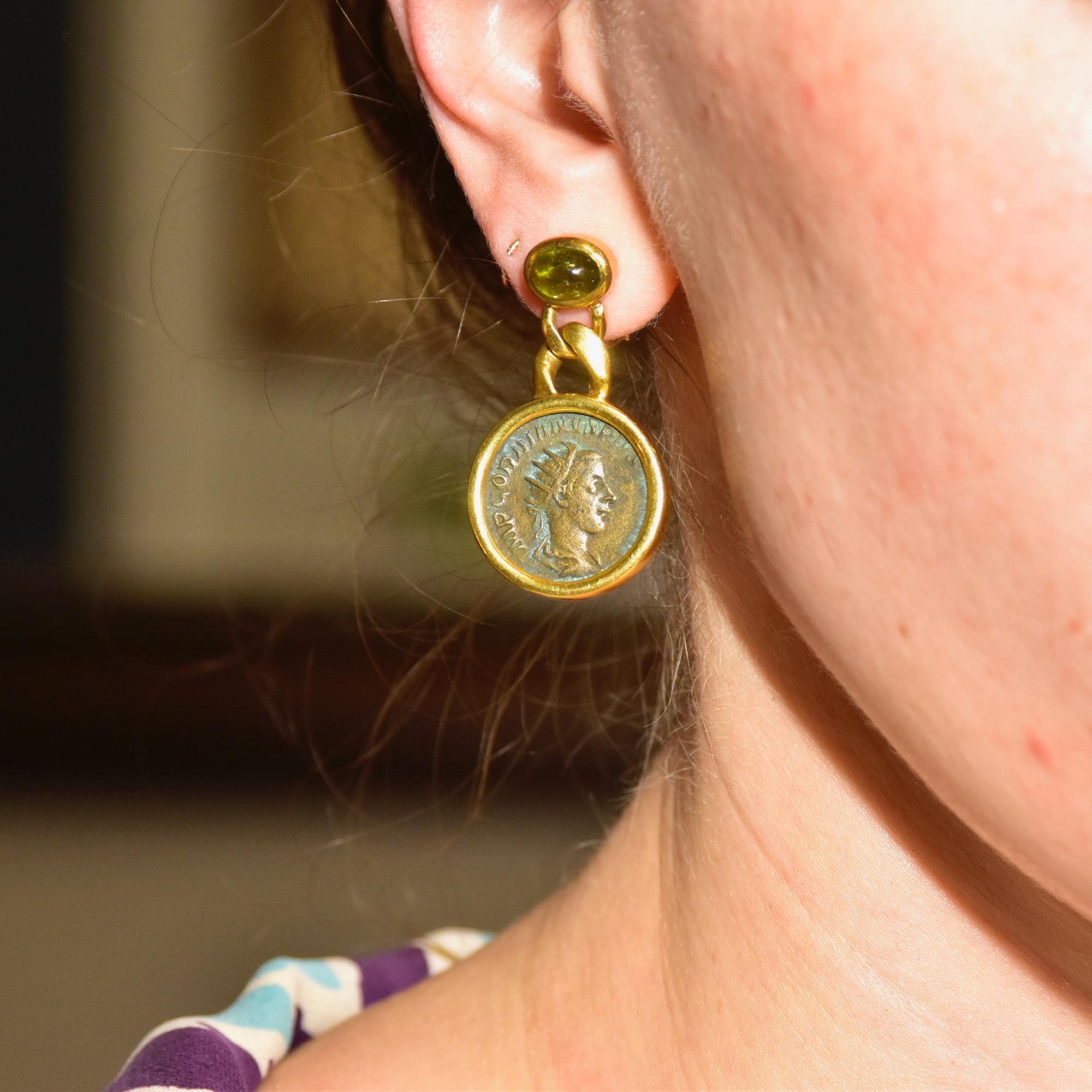 Solid 18k Ancient Greek Coin & Aventurine Dangle Earrings 4