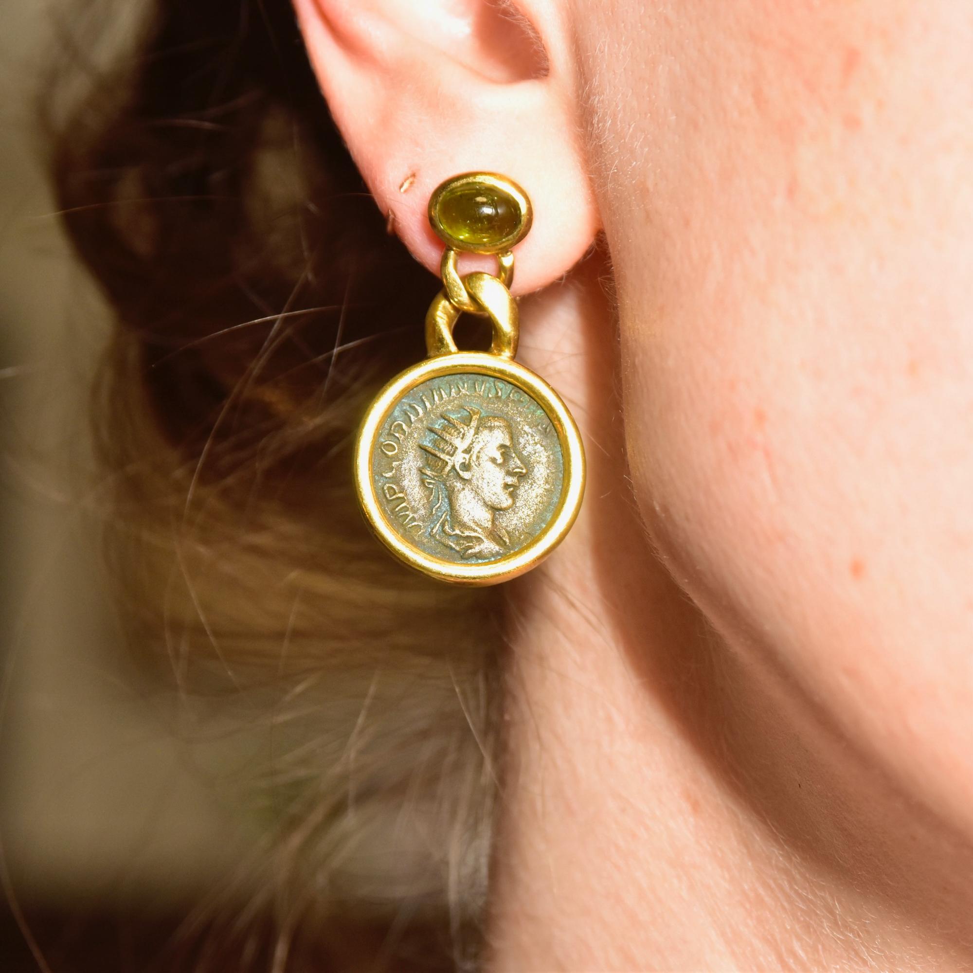 Solid 18k Ancient Greek Coin & Aventurine Dangle Earrings 5