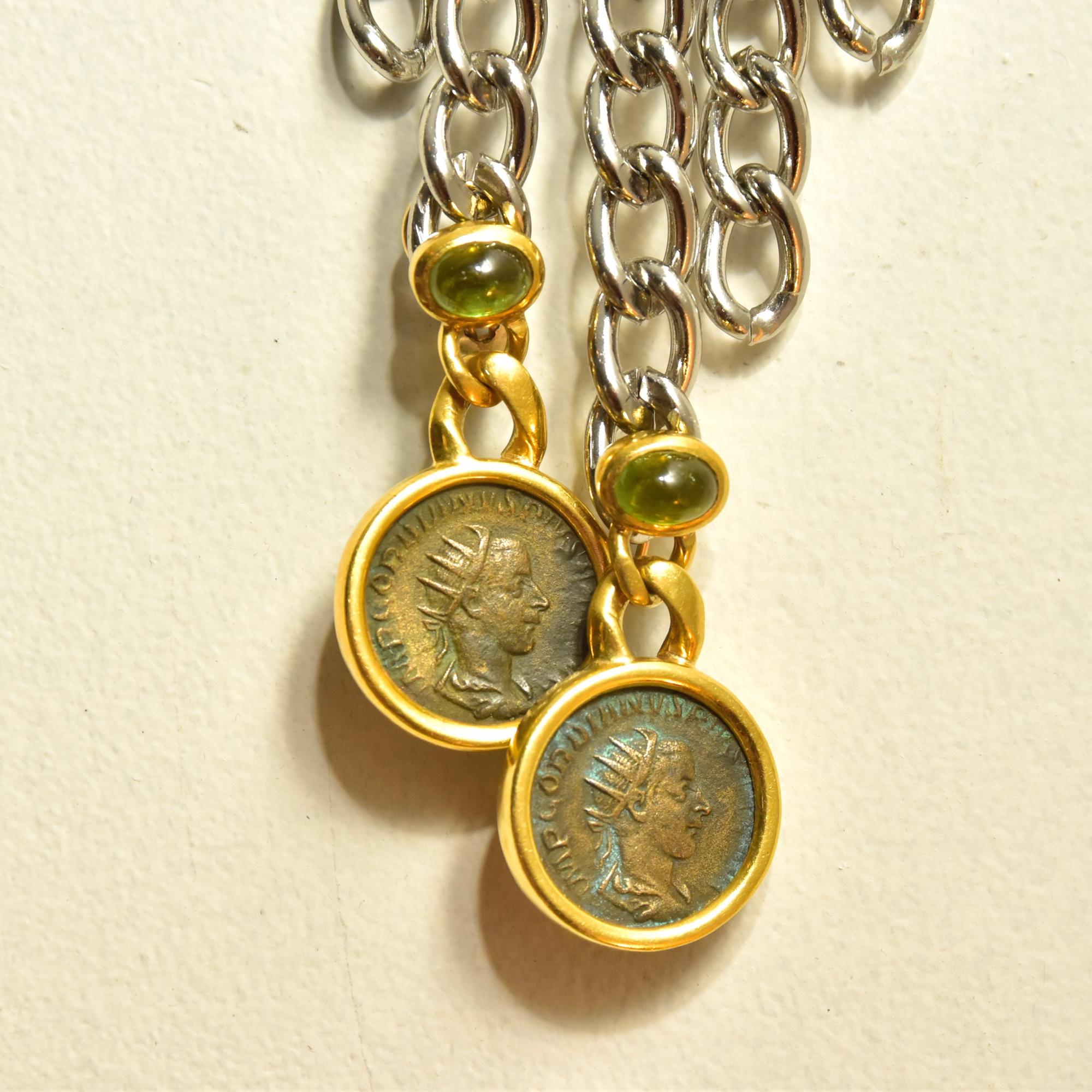 Etruscan Revival Solid 18k Ancient Greek Coin & Aventurine Dangle Earrings