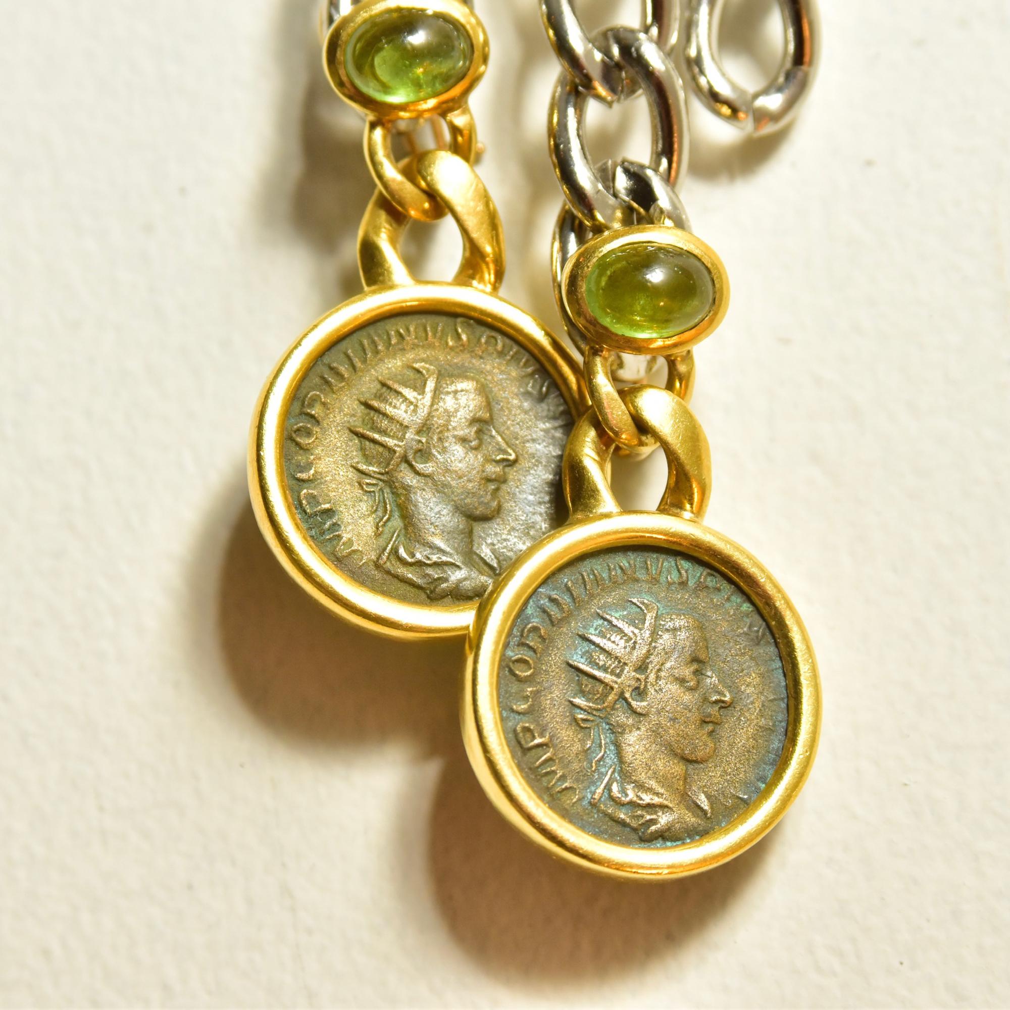 Cabochon Solid 18k Ancient Greek Coin & Aventurine Dangle Earrings