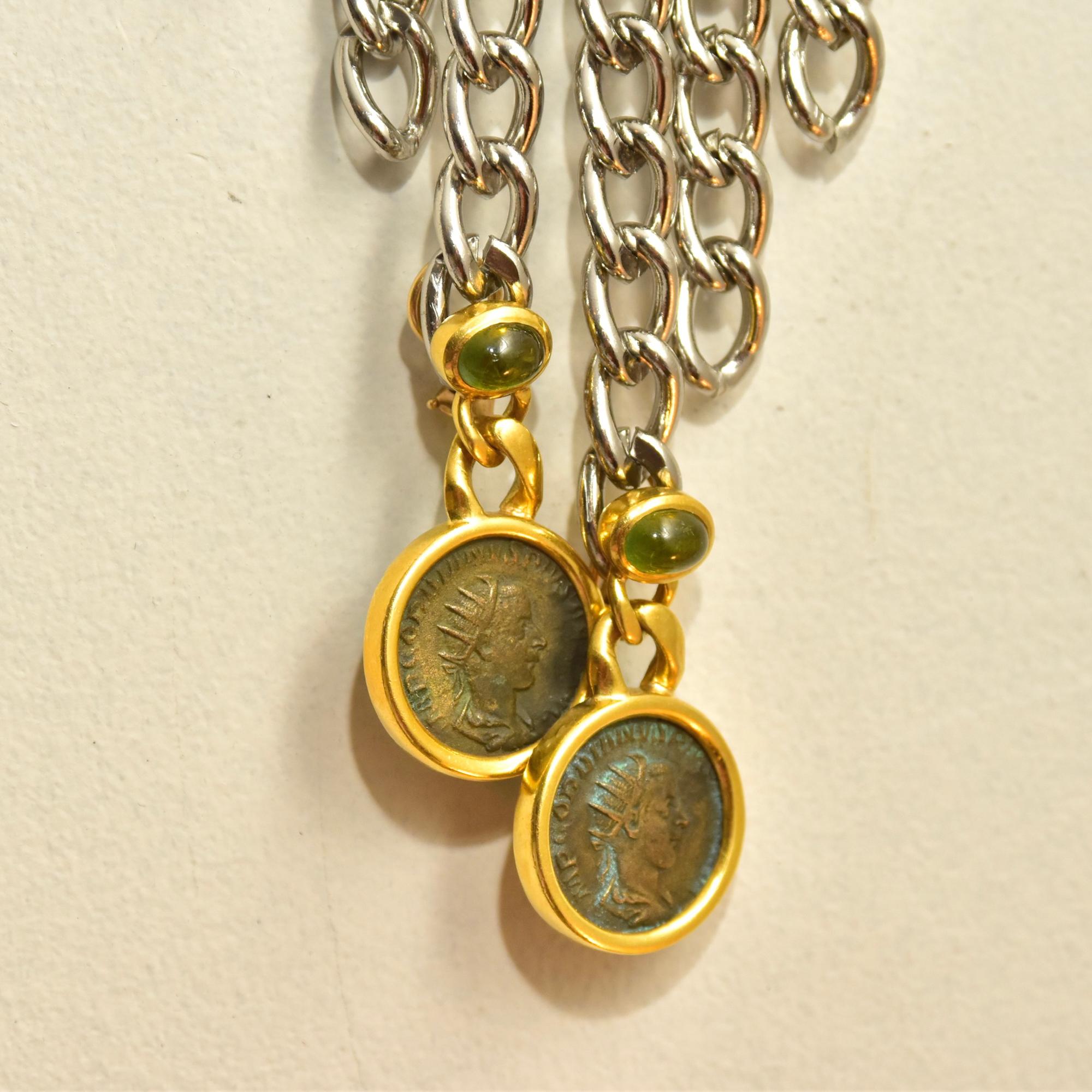 Solid 18k Ancient Greek Coin & Aventurine Dangle Earrings In Good Condition In Philadelphia, PA