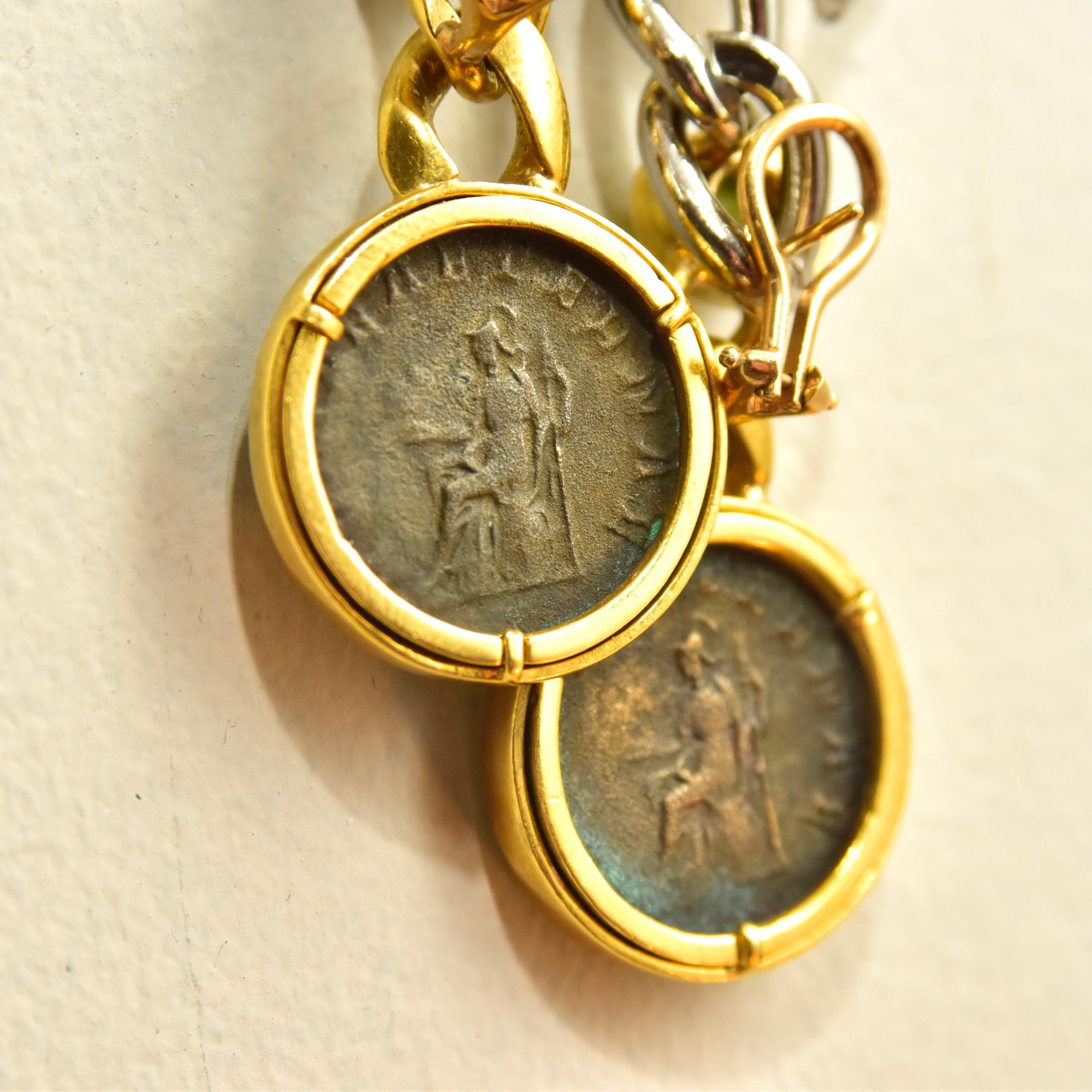 Solid 18k Ancient Greek Coin & Aventurine Dangle Earrings 2