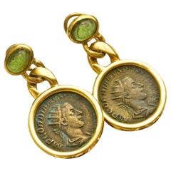 Solid 18k Ancient Greek Coin & Aventurine Dangle Earrings