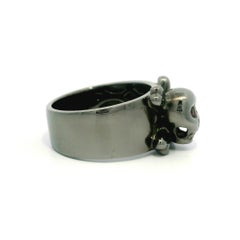 Solid 18k Blackened Gold Skull Head w/ Ruby Eyes & Bones Wide Band Ring