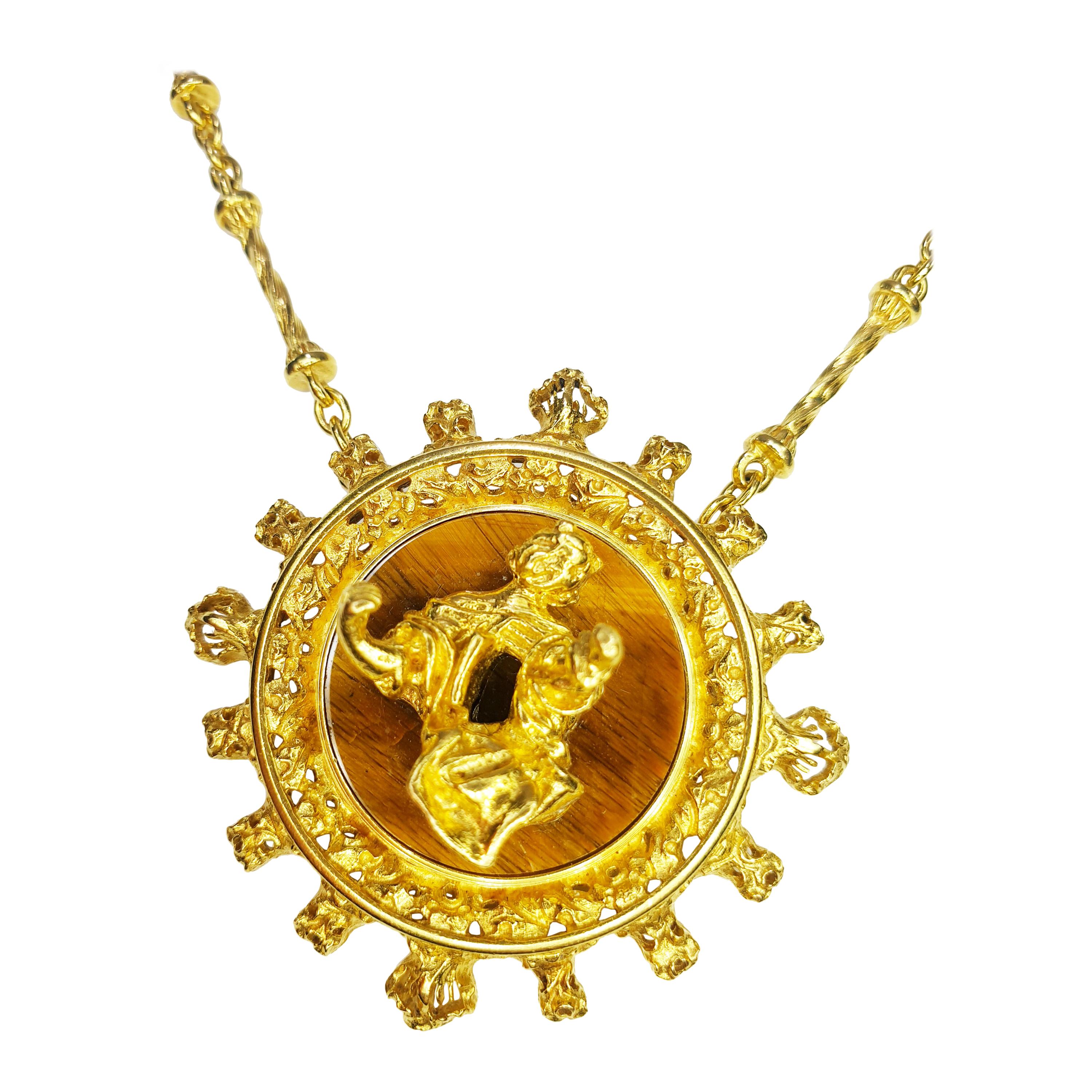 Solid 18k Gold and Tigers Eye Salvador Dalí Madonna de Port Lligat Necklace For Sale