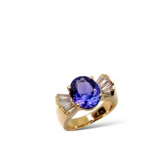 Solid 18K Gold Chunky 80s Tanzanite and Diamond Cocktail Ring