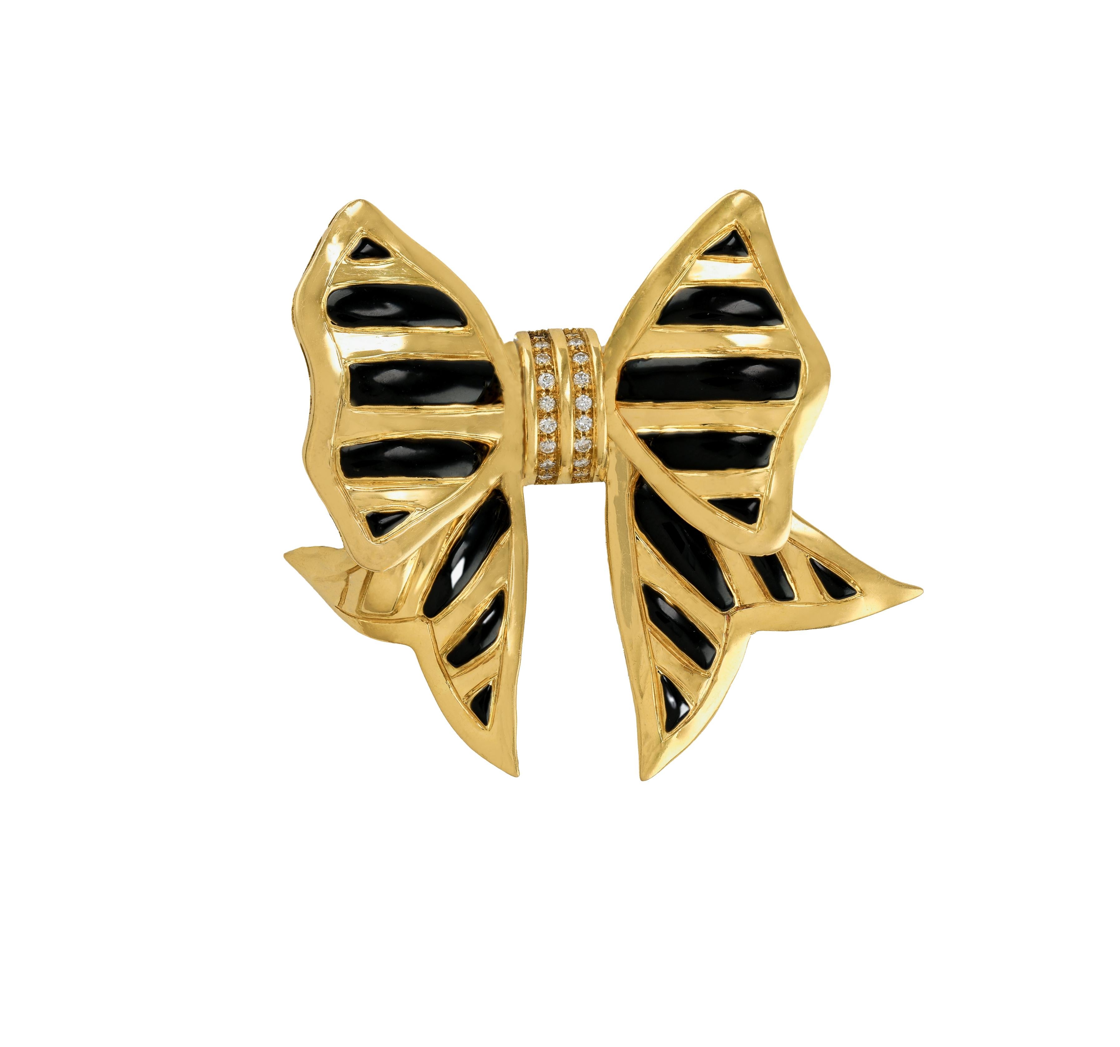 Round Cut Solid 18 Karat Gold Diamond Bow Black Enamel Brooch Pin For Sale