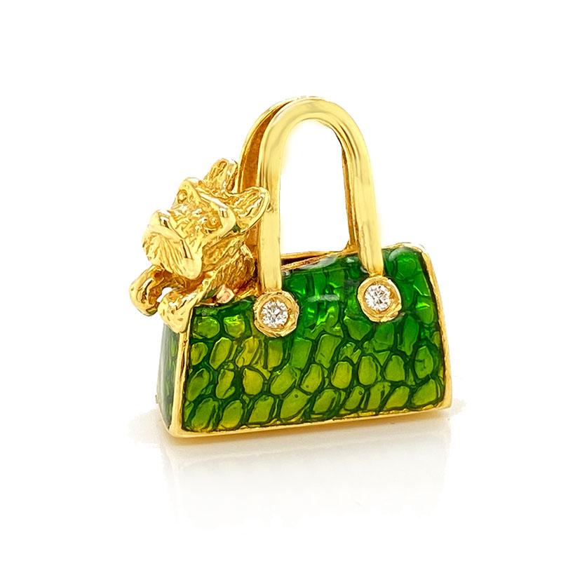 Solid 18K Gold Diamond, Green Enamel Purse W/ Dog Pendant By Hidalgo 10.1g
Excellent condition. This solid 18K yellow gold pendant by Hidalgo is in the shape of a purse covered in green enamel & features 2 genuine diamonds at the handles. Sitting in