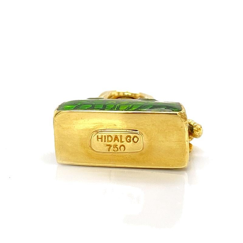Solid 18 Karat Gold Diamond Green Enamel Purse with Dog Pendant by Hidalgo 10.1g In Excellent Condition In Manchester, NH