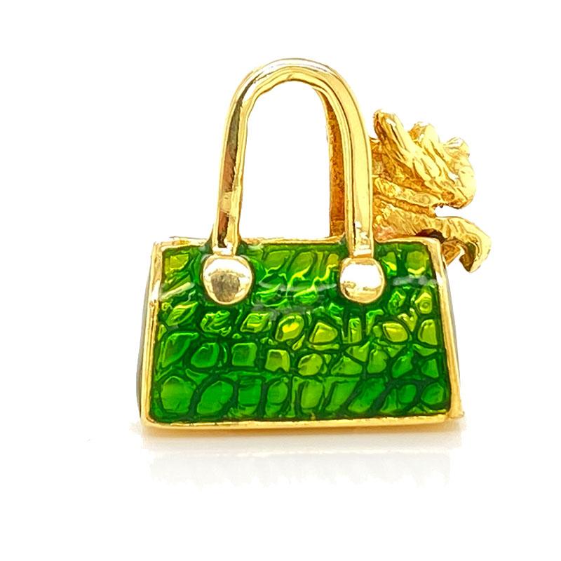 Women's or Men's Solid 18 Karat Gold Diamond Green Enamel Purse with Dog Pendant by Hidalgo 10.1g