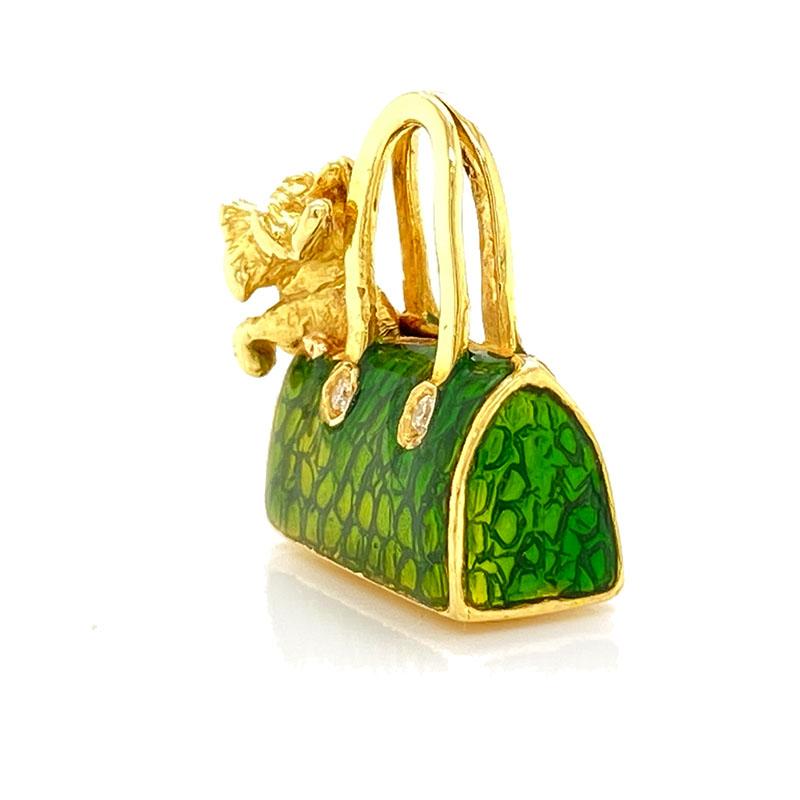 Solid 18 Karat Gold Diamond Green Enamel Purse with Dog Pendant by Hidalgo 10.1g 2